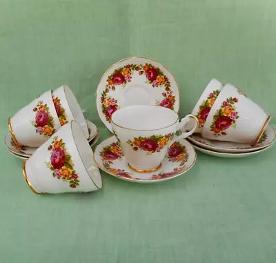 Buy 6 Vintage Argyle Bone China Tea Cups & Saucers - 20 Cl - Red, Yellow, Pink Roses • 24.99£