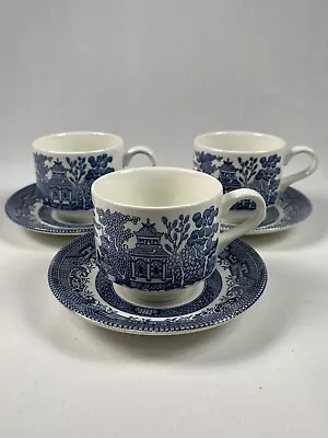Buy Vintage Churchill Blue Willow Tea Cups & Saucers Staffordshire England Set 3 • 23.29£