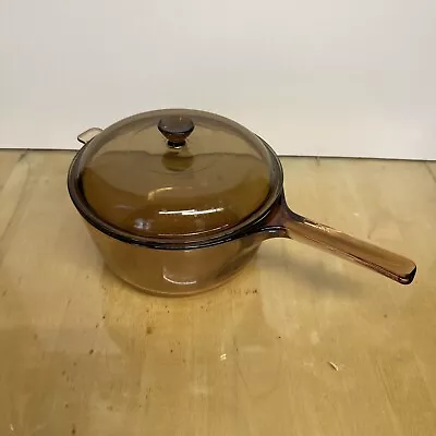Buy Vintage Corning Vision Ware Pyrex 2.5 L Amber Glass Pot Sauce Pan With Lid • 50£