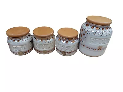 Buy Fosters Pottery Cannisters Tea Coffee Sugar Flour Wood Lids Cream Beige Honeycom • 17.99£