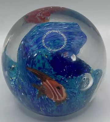 Buy Vintage Art Glass Aquarium Angel Fish Cobalt Blue Wave Paperweight • 12£