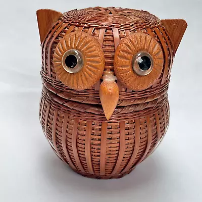 Buy Vintage Zhejiang Handicrafts Wicker Rattan Owl Glass Eyes Pot Original Label • 17.99£