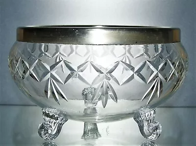 Buy Vintage Decorative Crystal Cut Glass Bowl On 3 Scrolled Legs & Silver Plate Rim • 10£