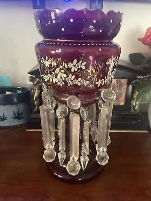 Buy Antique Mantle Cranberry Gilded Glass Hand-Painted Lustre Vase • 149.99£