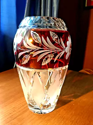 Buy Vintage Bohemian Ruby Red Cut To Clear Crystal Glass Vase. 23 Cm Height. • 75£