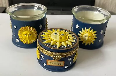 Buy 2 Blue Sun & Moon Tea Light Holders And Little Lidded Trinket Box From Cyprus • 7£