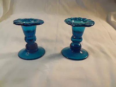 Buy Blue Art Glass Candle Stick Holders Set Of 2pc 3 1/4  Tall • 20.88£