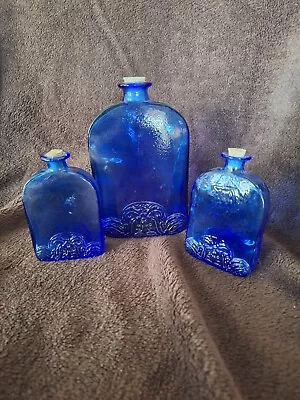 Buy 3 Vintage Cobalt Blue Glass Bottles With Embossed Floral Pattern Base • 17.99£