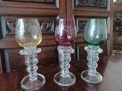 Buy Vintage / Antique Set Of Three Bohemian Moser Wine Glasses Hand Blown • 46.50£