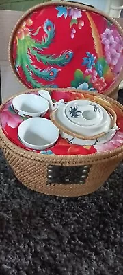 Buy Beautiful Vintage   CHINESE  TEA SET IN  PADDED WICKER BASKET PICNIC • 15£