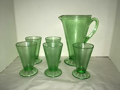 Buy 6pc Vintage Depression Vaseline Crackle Green Glass Pitcher Tumbler Set • 55.92£