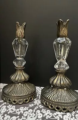 Buy Pair Of Elegant Victorian Crystal And Ornate Metal Bronze Candle Holders • 74.55£