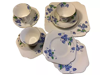 Buy Colclough Bone China 4212 Tea Cups Cake Plates Blue Pansies Longton England OLD! • 29.99£