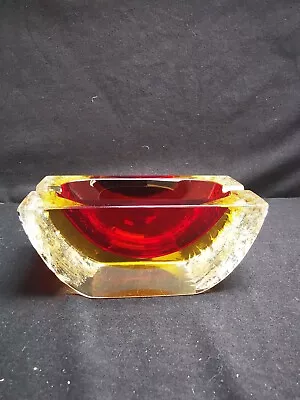 Buy Rare Murano FlÁvio Poli Faceted Crackle Glass Ashtray Bowl In Red Amber & Clear  • 65£