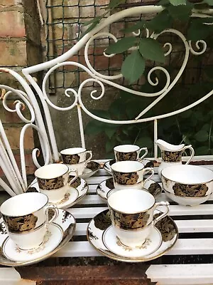 Buy Tuscan China 6 Coffee Cups, Saucers, Jug & Sugar Bowl, Black & Gold Bird Pattern • 32£