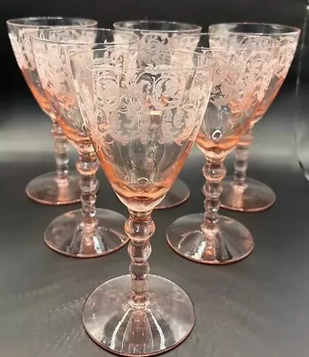 Buy CENTRAL GLASS WORKS 30s  Depression Era Balda Etched (Stem 24) Pink Wine Glasses • 139.99£