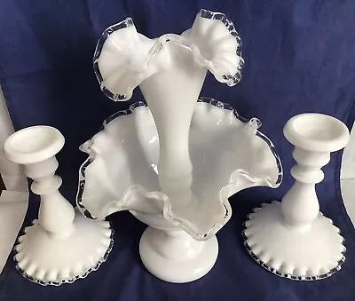 Buy Vintage Fenton Art Glass White Silver Crest Epergne And Candle Holders • 138.86£