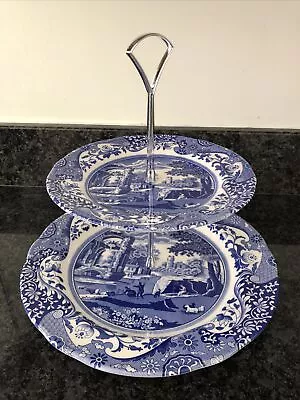 Buy Spode Blue Italian Two Tier Cake Stand, With Silver Coloured Handle . NEW • 48£