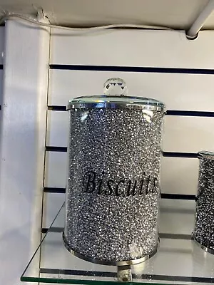 Buy Biscuit Jar Tin Crystal Bin Glass Kitchen Diamond Sparkly Silver Crushed • 19.99£