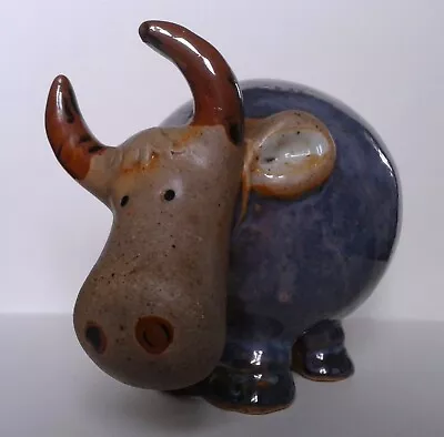 Buy Lovely And Cute Large Studio Pottery  Blue And Brown Horned Cow/bullock 12cm H • 7.31£