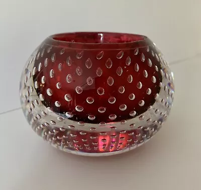 Buy Heavy Ruby & Clear Art Glass Candle Holder Controlled Bubbles • 15£