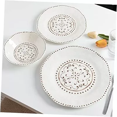 Buy Beaded Crackle 12 Piece Melamine Camping Dinnerware Set, Plates And Bowls Ivory • 58.82£