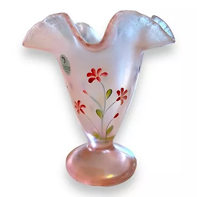 Buy George Fenton Pink Glass Vase Ruffle Rim Wild Flower Iridescent Crackle 2004 6” • 36.08£