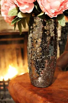 Buy NEW! Large Black And Silver Glass Glamour Crackle Vase Cracking Glass Effect • 16.99£