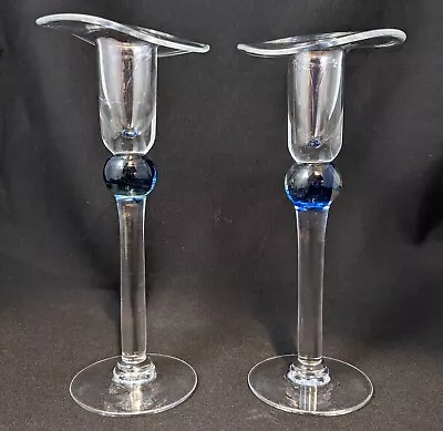 Buy Studio Glass Blue Ball Knopped Pair Of Candlesticks • 24.99£