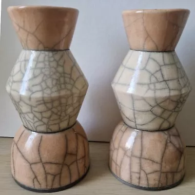 Buy Signed Vtg Studio Pottery Raku Crackle Glaze Vase Pair Peach & Cream • 24.99£