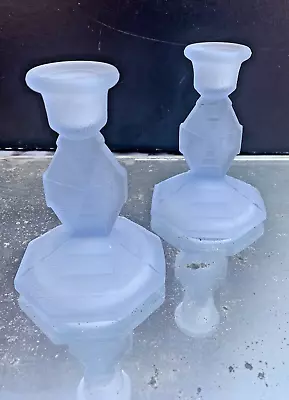 Buy Vintage Art Deco BAGLEY GLASS Pair Of Frosted Blue Candle Sticks - Featherstone • 25£