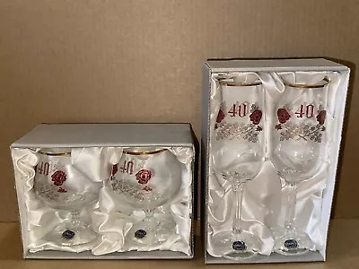 Buy Set Of 4 Boxed Bohemia Czech Crystal 40th Anniversary Brandy & Flute Glasses • 17£