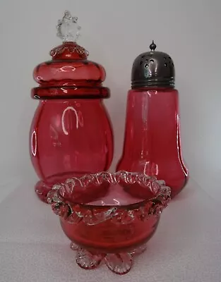 Buy Antique Cranberry Glass X3, Lidded Pot, Shaker & Salt  • 25£