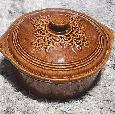 Buy Vintage Light Brown Stoneware Lidded Bowl With Embossed Design USA • 41.94£