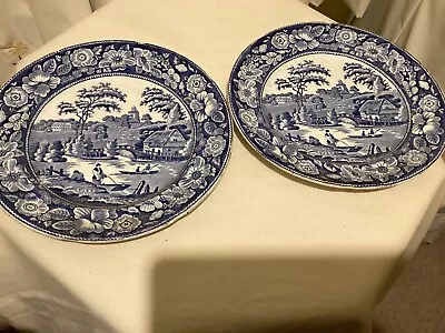 Buy Pair 19th C Stoneware Plates Blue And White Wild Rose • 22£