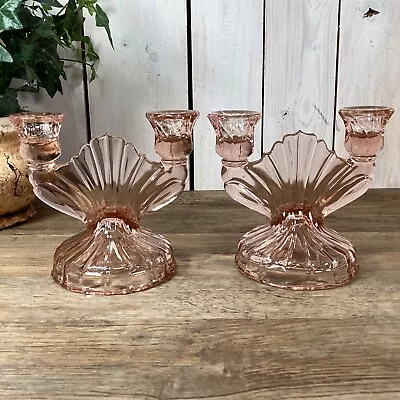 Buy Vintage Pair Pink Depression Jeanette Glass Double Candlesticks Candleholders  • 44.73£