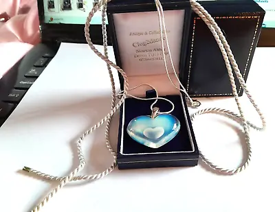 Buy Lalique - Beautiful Opalescent Necklace Large Heart Silver Chain Silk Cord - New • 195£