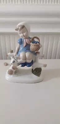 Buy Foreign Porcelain Dutch Style Girl Sat On A Stile With Basket & A Cat • 9.95£