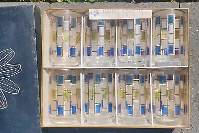 Buy MCM Libbey Nordic Mid Century Barware Glasses Blue Gold Green Squares Set Of 8. • 55.92£