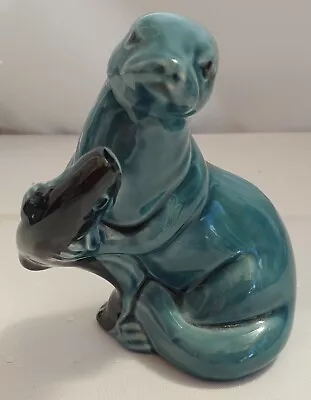 Buy Retro Vintage Poole Pottery Otter With Fish ~ Blue ~ 11cm Tall • 8£
