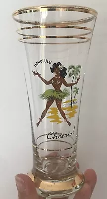 Buy Vintage Retro 50s Tall Flute Tumbler Glass Gold Vase Hawaiian Lady Print Kitsch • 15£