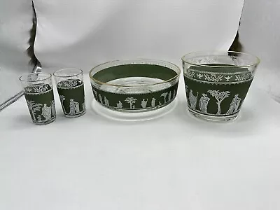 Buy Jeannette Glass Hellenic Green, White Gold Trim Large Salad/Chip/ice/Glasses MCM • 15.31£