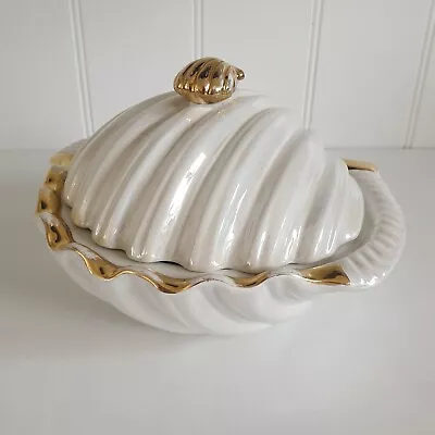 Buy Vintage Italian Bassano White Lustre & Gold Lidded Clam Shell Dish Bowl *FLAW* • 14£