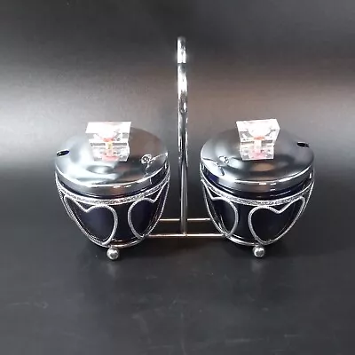 Buy Cobalt Blue Glass Condiment Set Chromium Plated Heart Holder 2 Containers W Lids • 25.16£