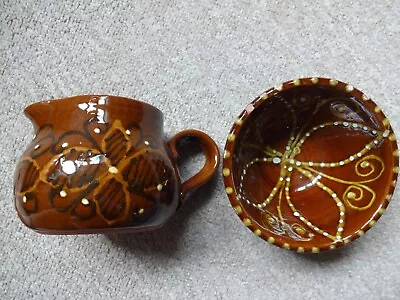 Buy Vintage Treacle Glaze Devon Pottery Jug And Bowl Decorated M Iddon • 3.99£