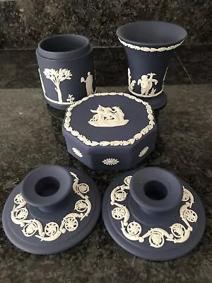 Buy Wedgwood Jasper Ware Navy Blue Candle Holder , Lidded Box, Vase VGC • 58£