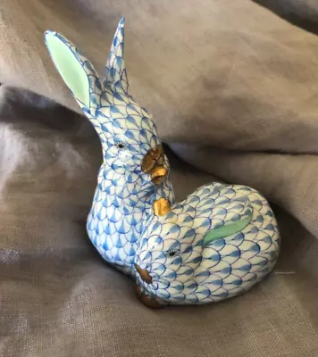 Buy Vintage Herend Blue Fishnet Twin Rabbits Sitting  3.5  Tall • 335.49£
