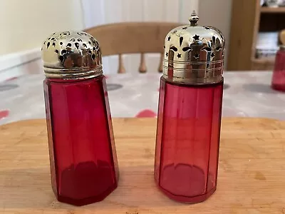 Buy PAIR ANTIQUE CRANBERRY GLASS SUGAR SIFTERS WITH METAL TOPS 14cm / LOVELY ITEMS • 9.99£