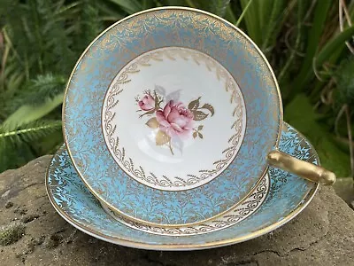 Buy AYNSLEY China, Athens, Turquoise & Gold, Pink Cabbage Rose Cabinet Cup & Saucer • 18.99£