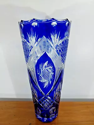 Buy Beautiful Vintage Bohemian Cobalt Blue Cut To Clear Crystal Vase 10.25  Tall • 49.95£